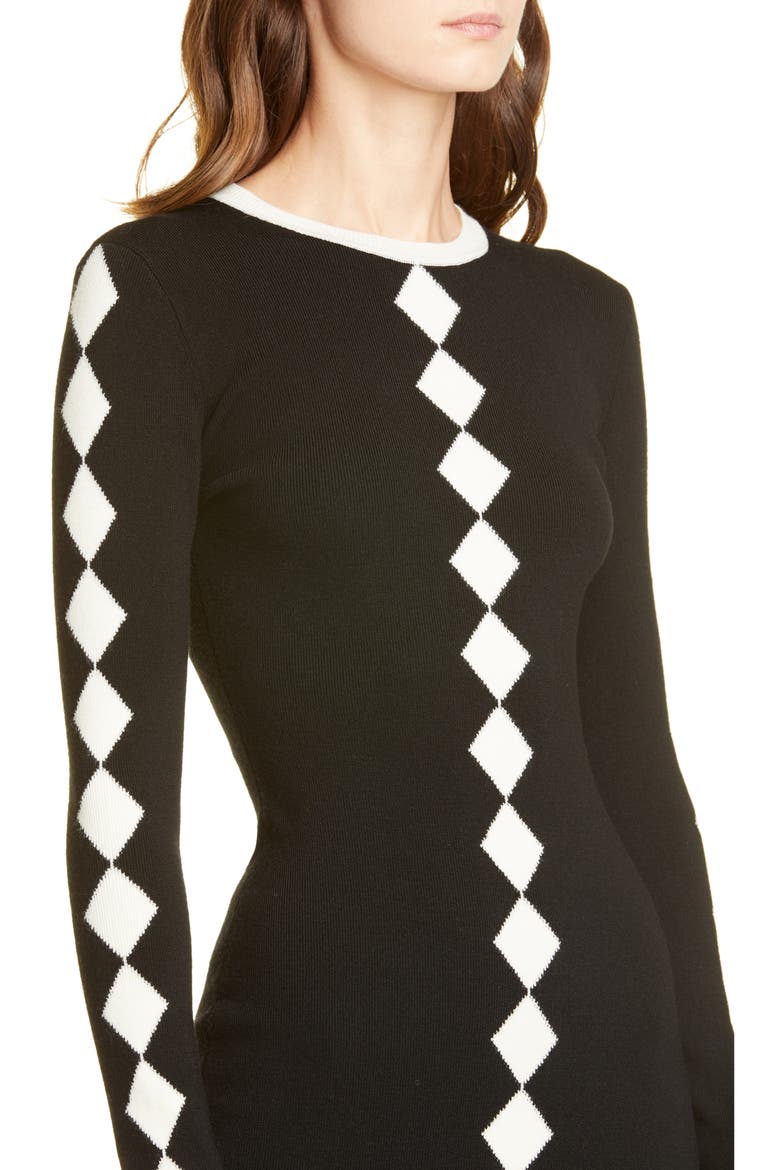 Diamond Jacquard Long Sleeve Wool Maxi Sweater Dress, Alternate, color, BLACK AND WHITE COMBO