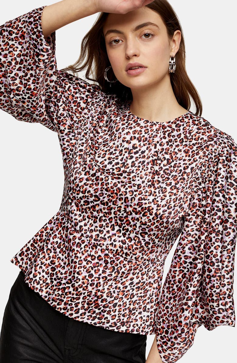 Topshop Leopard Print Blouson Sleeve Top, Alternate, color, 