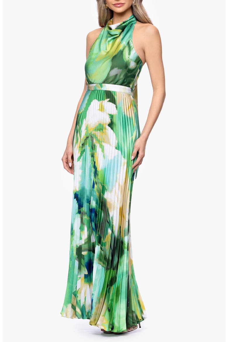 Floral Print Pleated Halter Dress, Alternate, color, GREEN/ MULTI