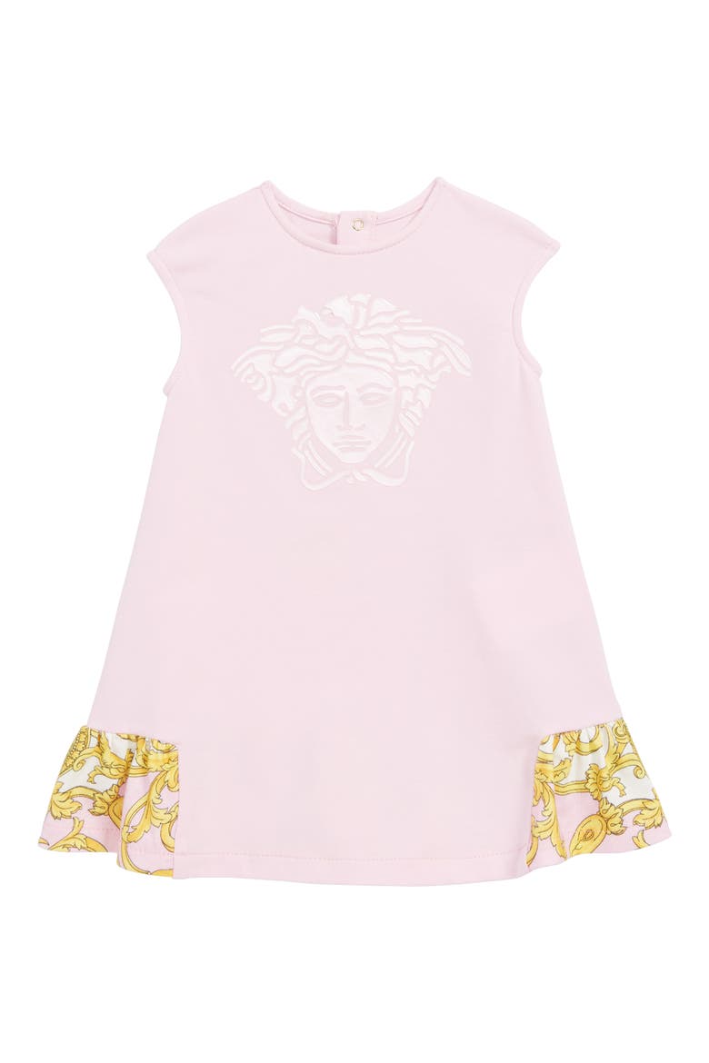 Medusa Logo Ruffle Shift Dress, Main, color, PINK