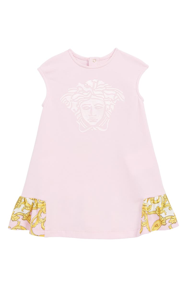 Versace Medusa Logo Ruffle Shift Dress, Main, color, 