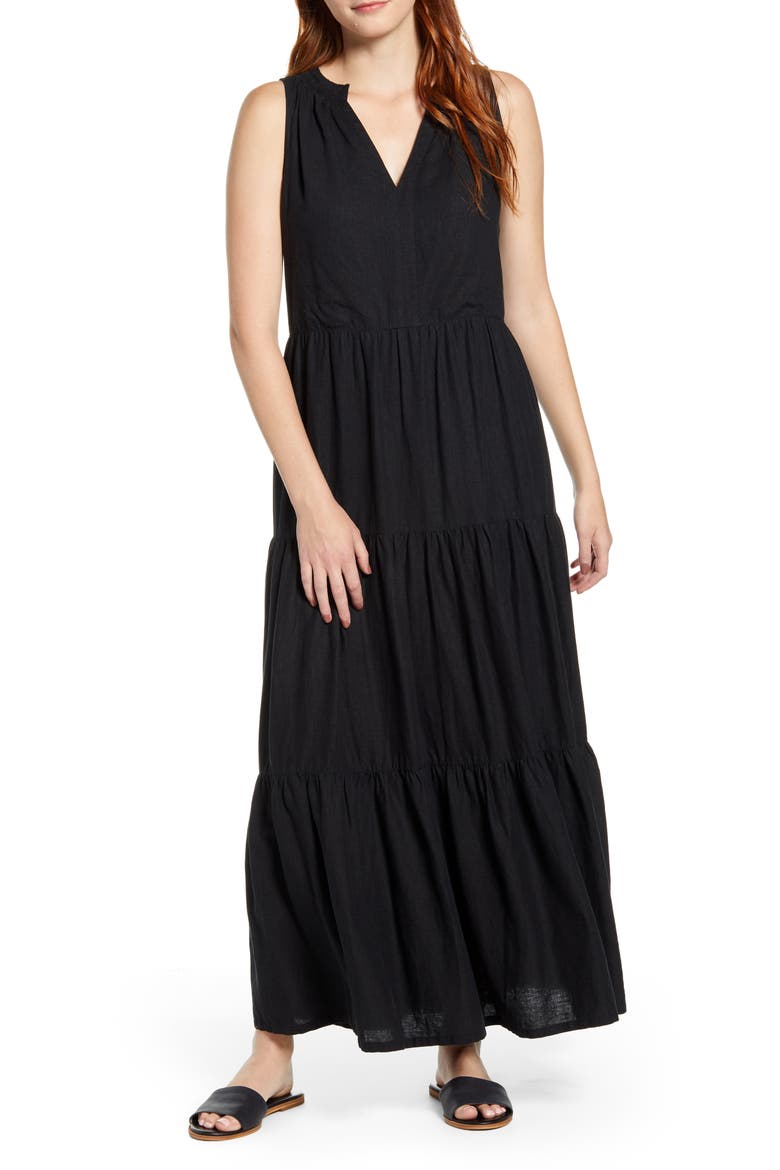Lena Tiered Linen Blend Maxi Sundress, Main, color, BLACK