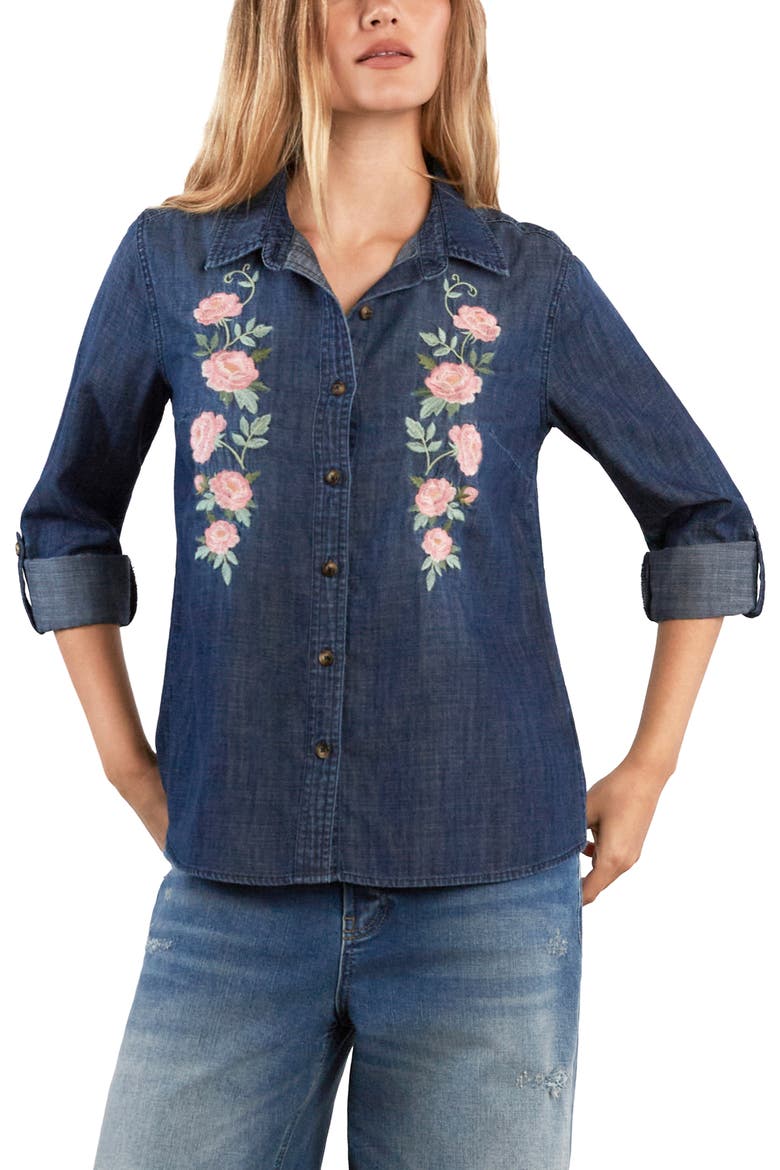 Rose Embroidered Denim Shirt, Main, color, DUSK BLUE