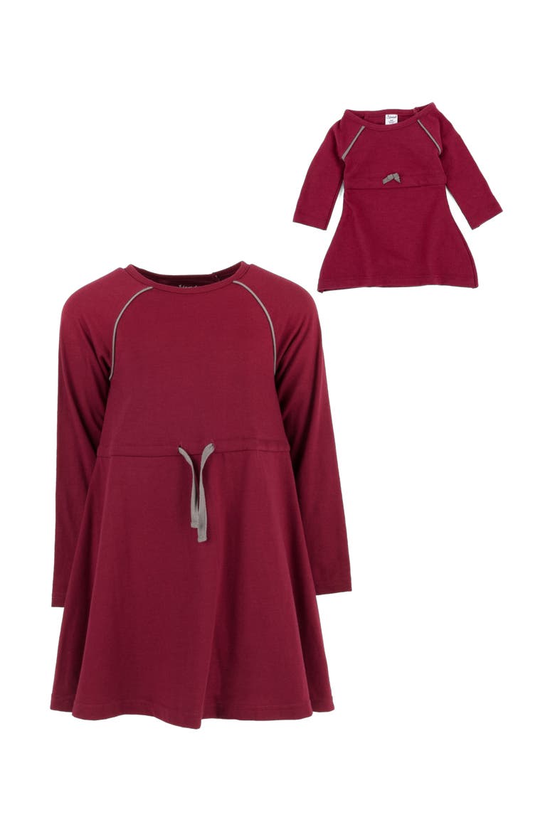 Girls Bow Tie Dress with Matching Doll Dress, Alternate, color, MAROON