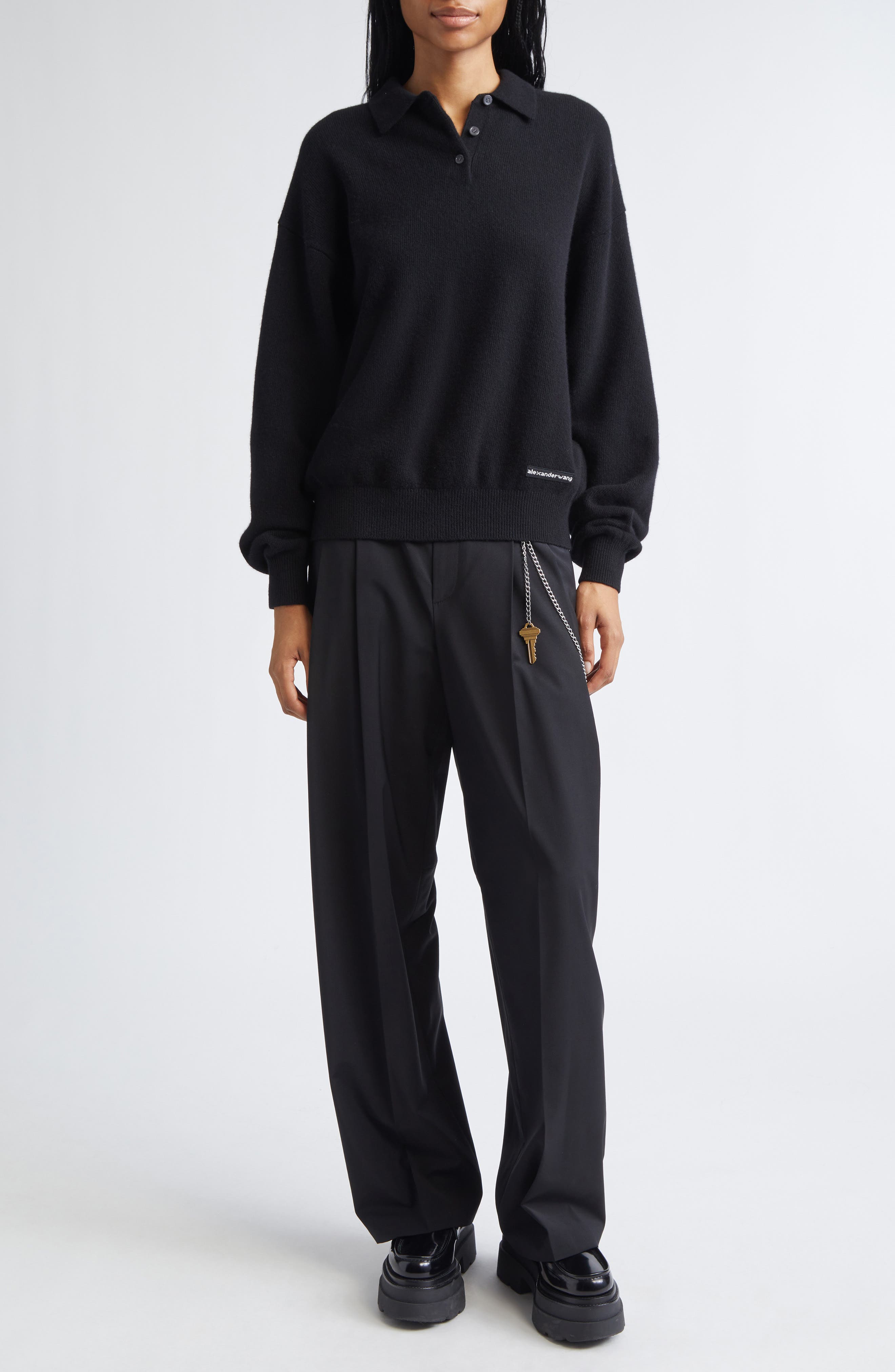 Long Sleeve Wool Blend Polo Sweater with Logo Patch - image 2