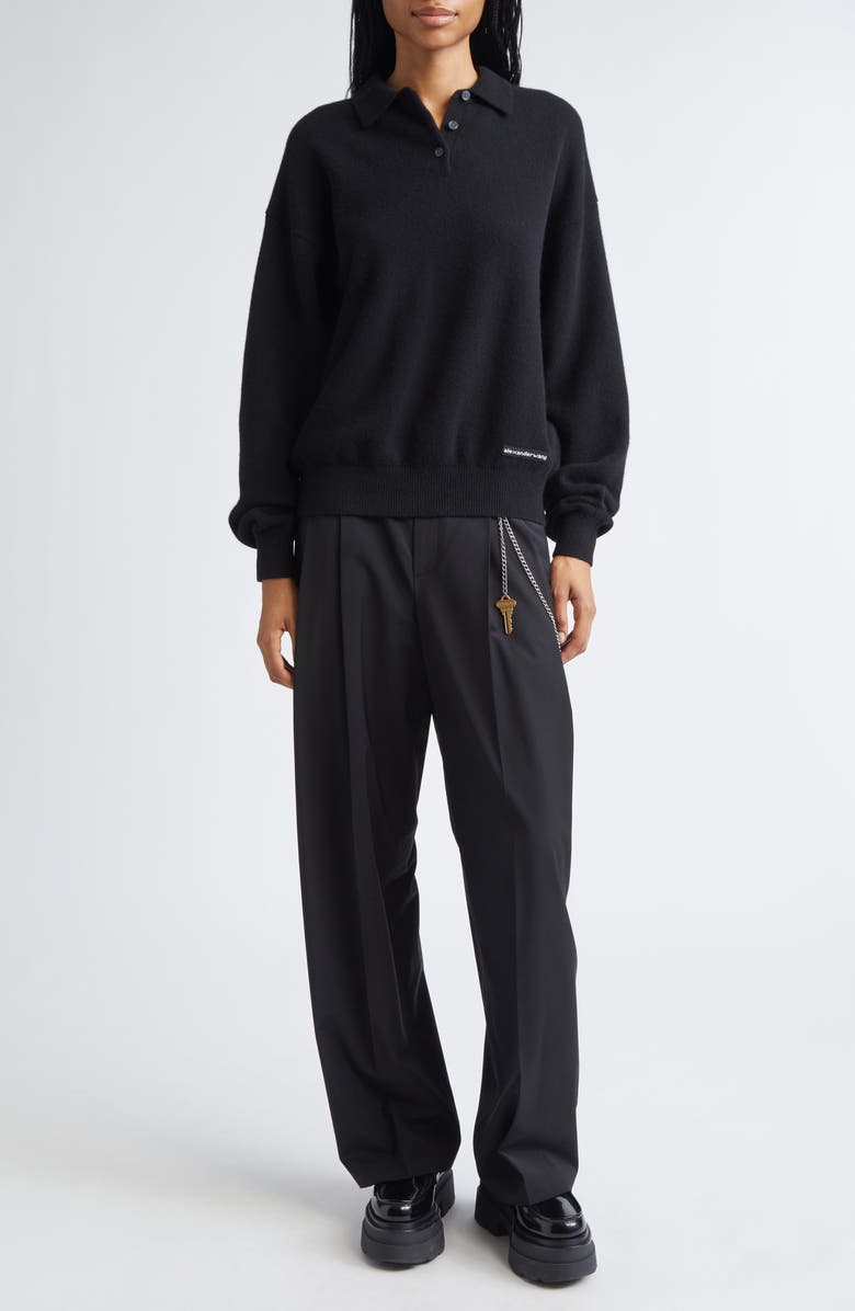 Alexander Wang Long Sleeve Wool Blend Polo Sweater with Logo Patch, Alternate, color, Black