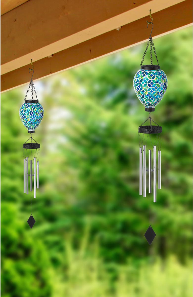 Glitzhome Set of 2 37"H Solar Lighted Metal and Glass Mosaic Windchime, Alternate, color, Green
