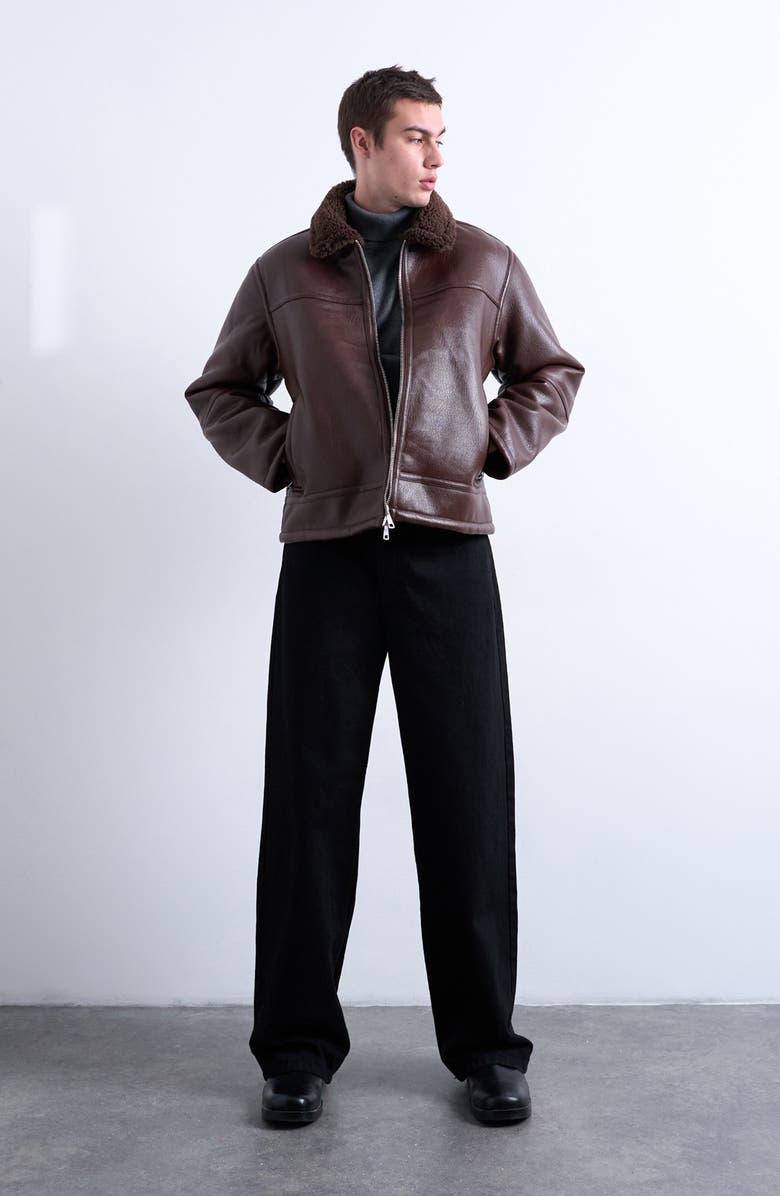 Topman Faux Shearling & Faux Leather Bomber Jacket, Alternate, color, Brown