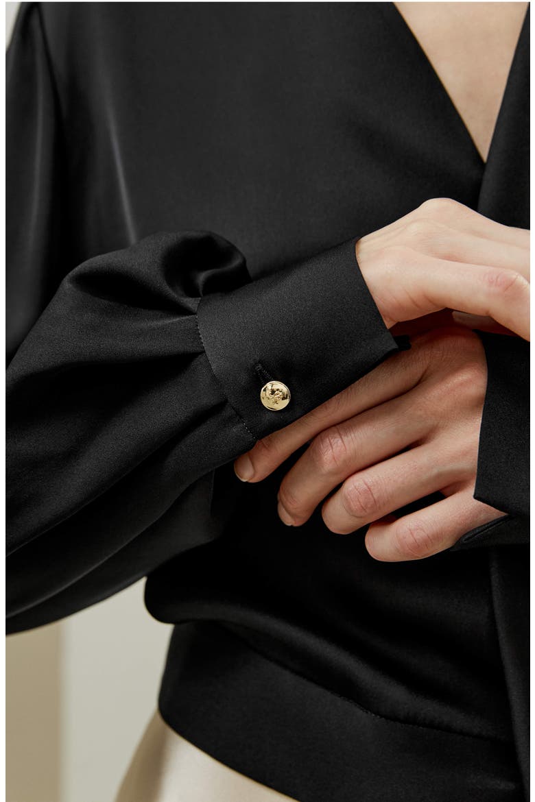 V Neck Collared Silk Shirt, Alternate, color, Black