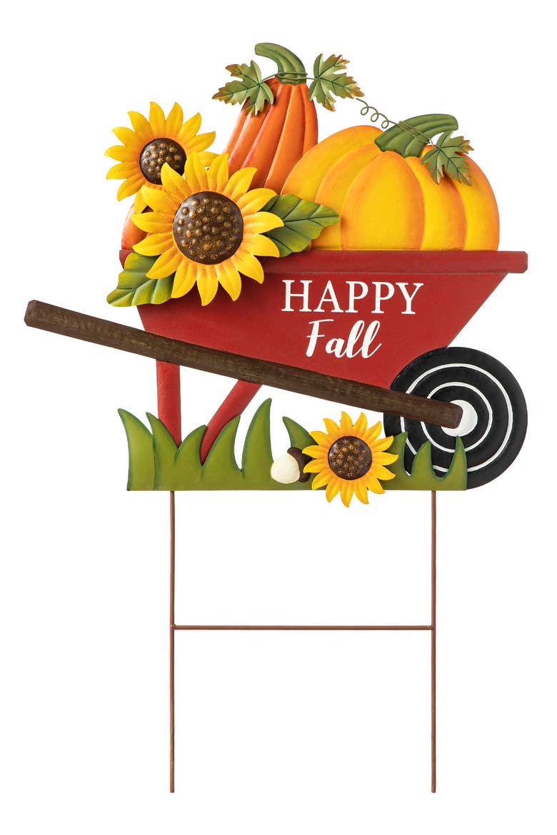 Fall Metal Wheel Barrow Pumpkin Yard Stake, Main, color, Orange