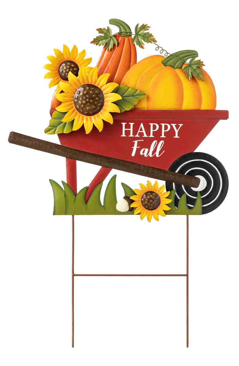 Glitzhome Fall Metal Wheel Barrow Pumpkin Yard Stake, Main, color, Orange