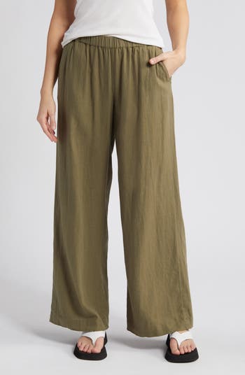 Caslon Wide Leg Pull On Linen Blend Pants in Olive Burnt at Nordstrom Size Medium P