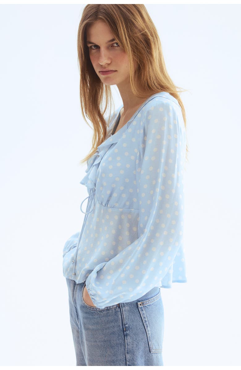 H&M Flounce-trimmed Blouse, Alternate, color, Light Blue/Polka Dot