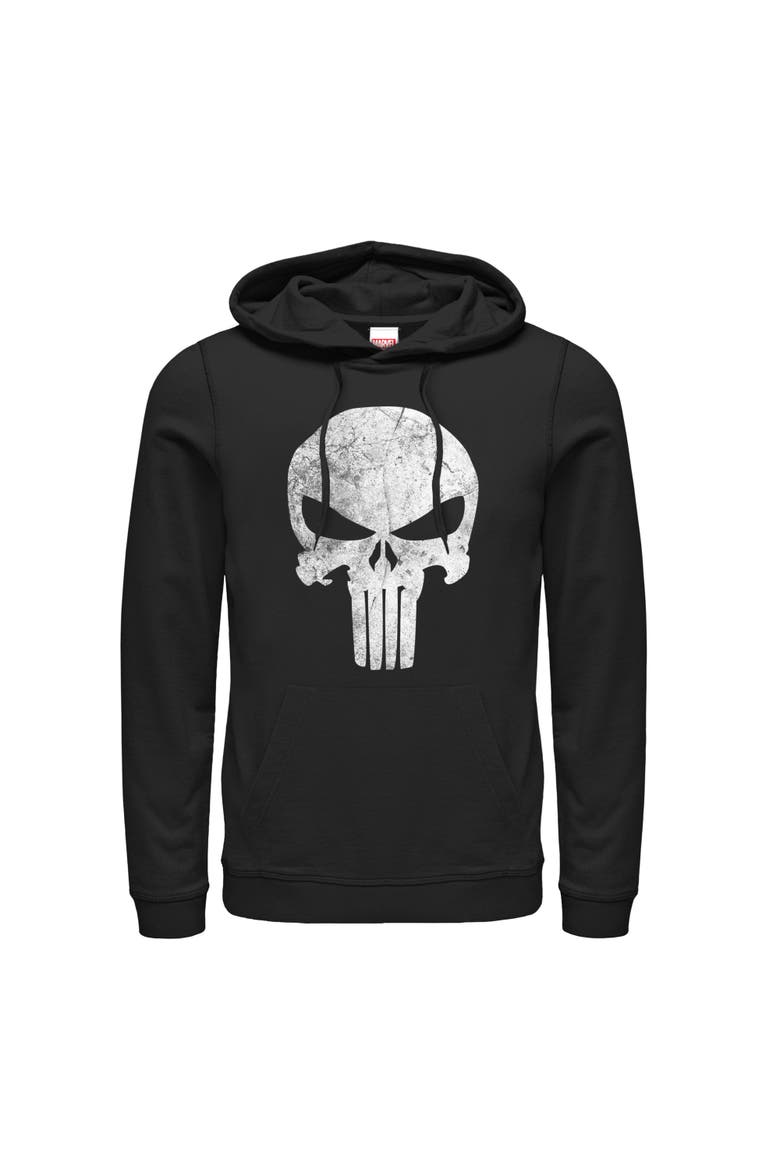 Men's Marvel Punisher Retro Skull Symbol Pull Over Hoodie, Main, color, Black