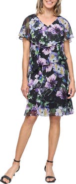 SL FASHIONS Floral Tiered Ruffle Chiffon Dress