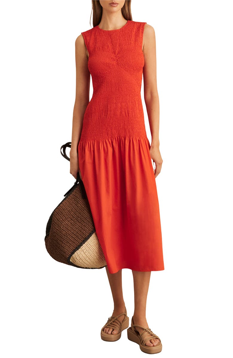 Reiss Annabel Smocked Drop-Waist Cotton Dress, Alternate, color, Red