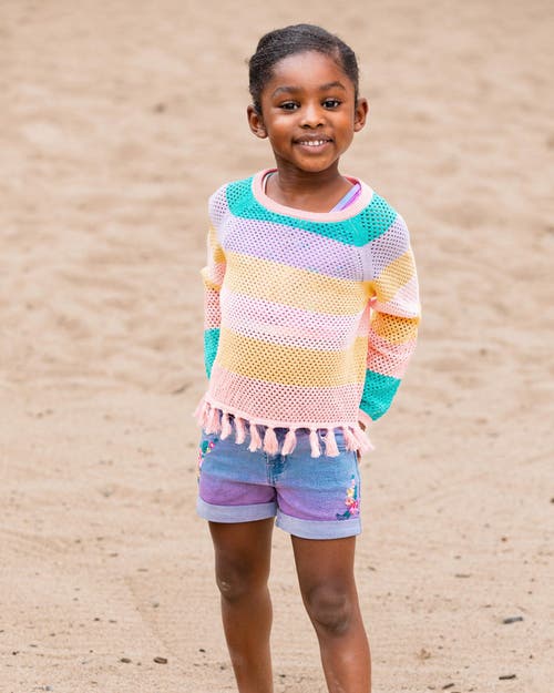 Deux Par Deux Little Girl's Cotton Sweater With Fringe Multicolor Stripes In Multicolored Stripes