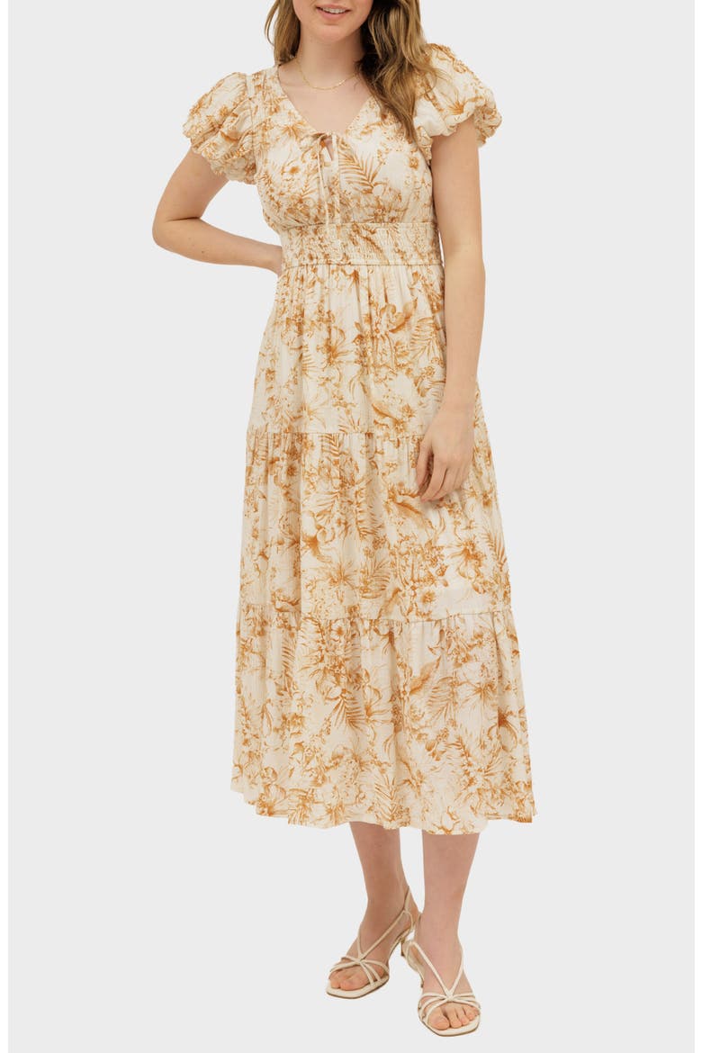 Floral Puff Sleeve Tiered Midi Dress, Main, color, CAMEL MULTI