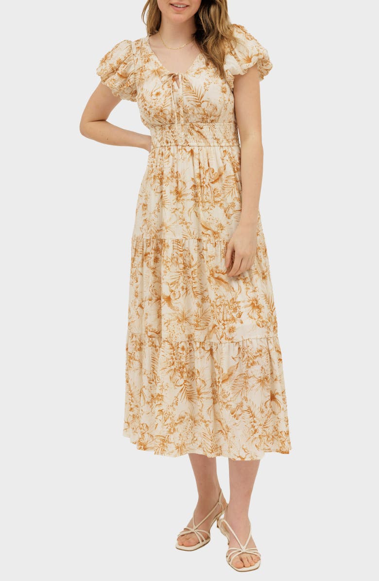 AUGUST SKY Floral Puff Sleeve Tiered Midi Dress, Main, color, Camel Multi