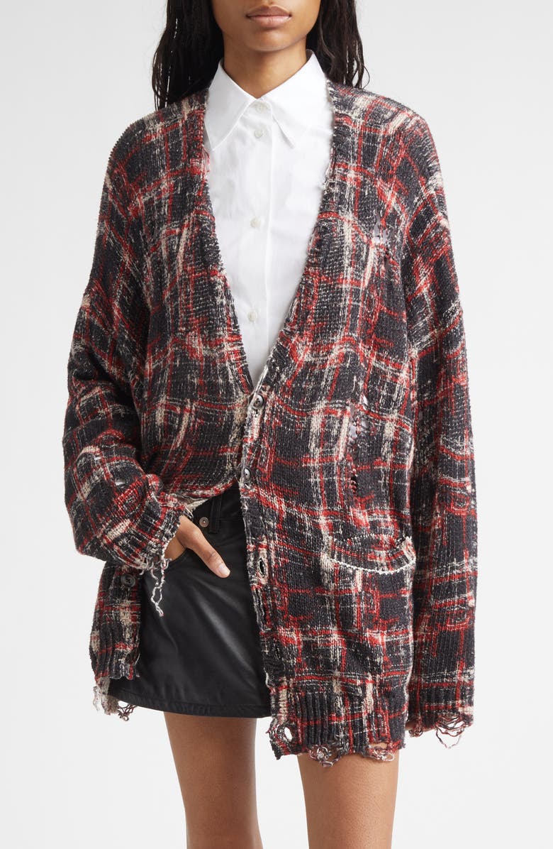R13 Oversize Distressed Plaid Linen Blend Cardigan, Main, color, Black/ Red/ White Plaid