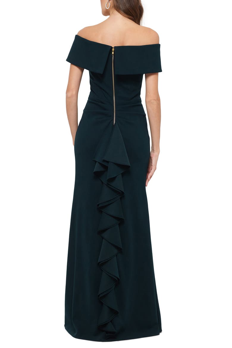 Off the Shoulder Back Ruffle Scuba Crepe Gown, Alternate, color, PINE