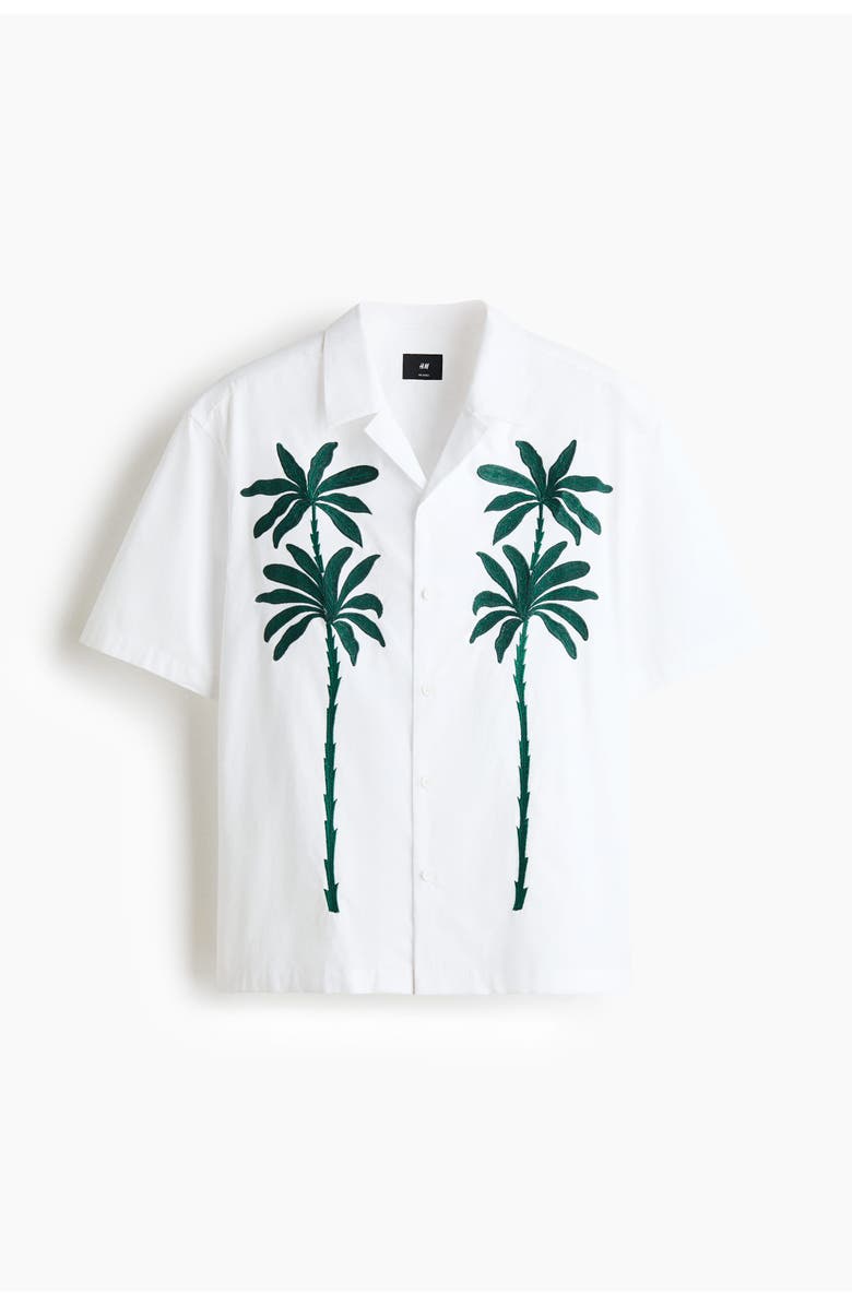H&M Relaxed Fit Embroidered-motif Resort Shirt, Main, color, White/Palm Trees