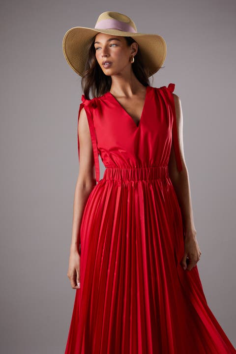 Tie Shoulder Pleated Cotton Dress