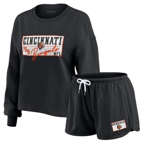 Wear By Erin Andrews Black Cincinnati Bengals Heavy Rugby Jersey Long Sleeve T-shirt & Shorts Lounge