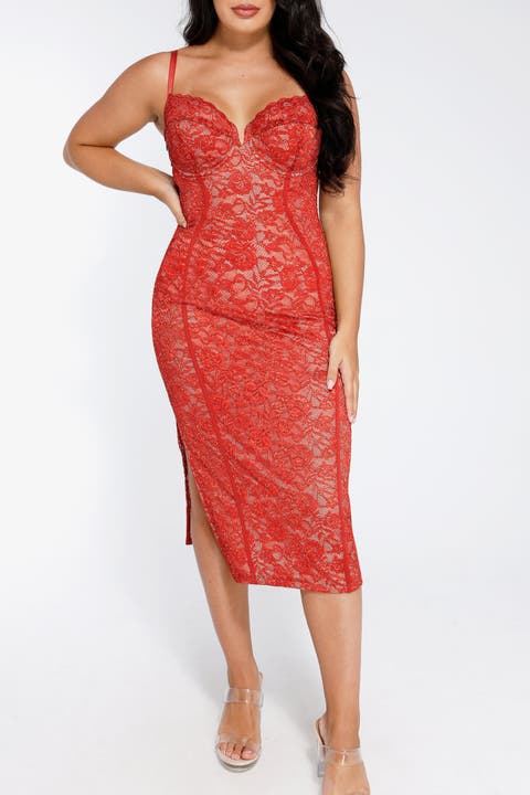 Shapewear All-Lace Hourglass Corset Side Slit Midi Dress