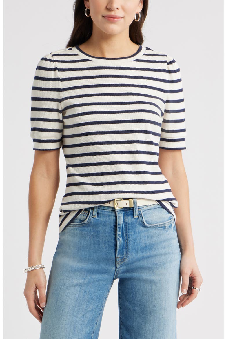 Stripe Elbow Sleeve Cotton Knit Top, Main, color, IVORY- NAVY SENA STRIPE