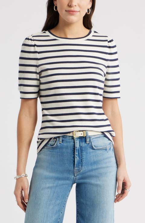 Stripe Elbow Sleeve Cotton Knit Top