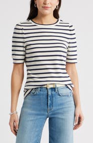 Caslon® Stripe Elbow Sleeve Cotton Knit Top