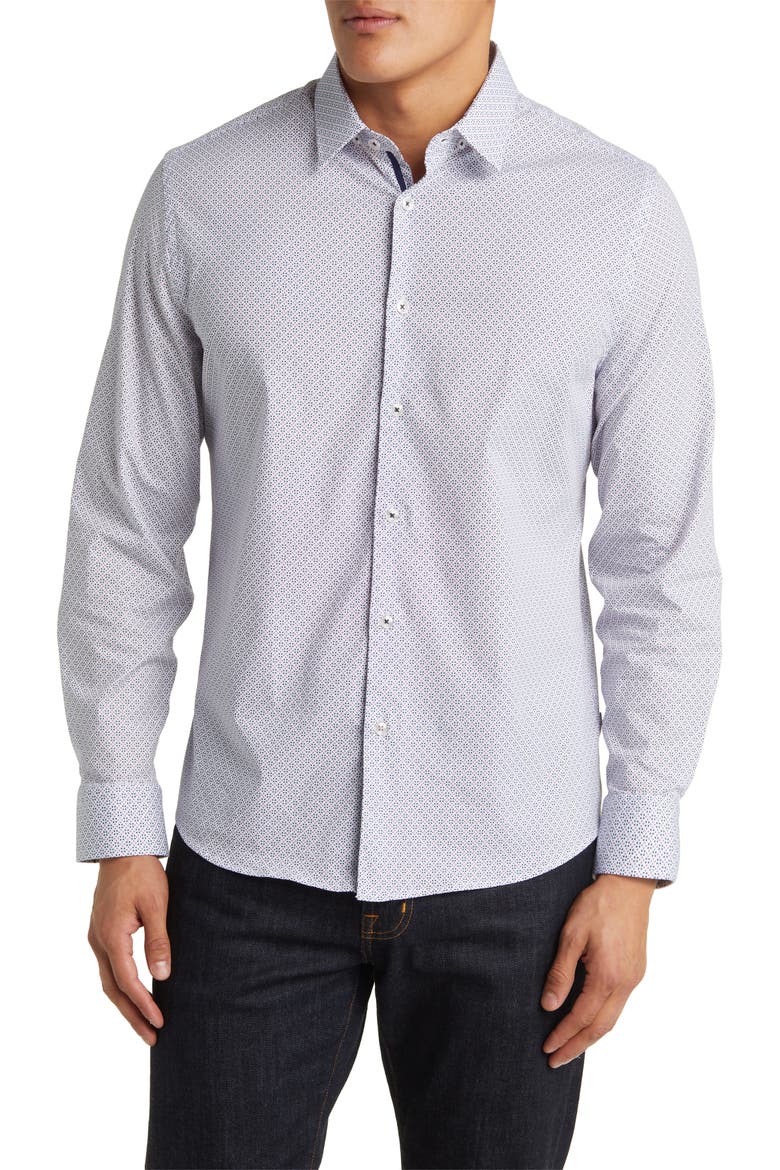 Geometric Print Button-Up Shirt, Main, color, WHITE