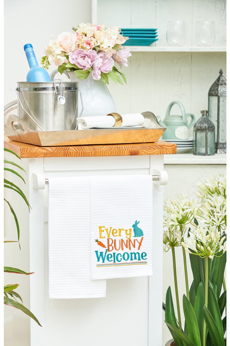 "Every Bunny Welcome" Easter Rabbit Spring Theme Kitchen Dishtowel, Alternate, color, White