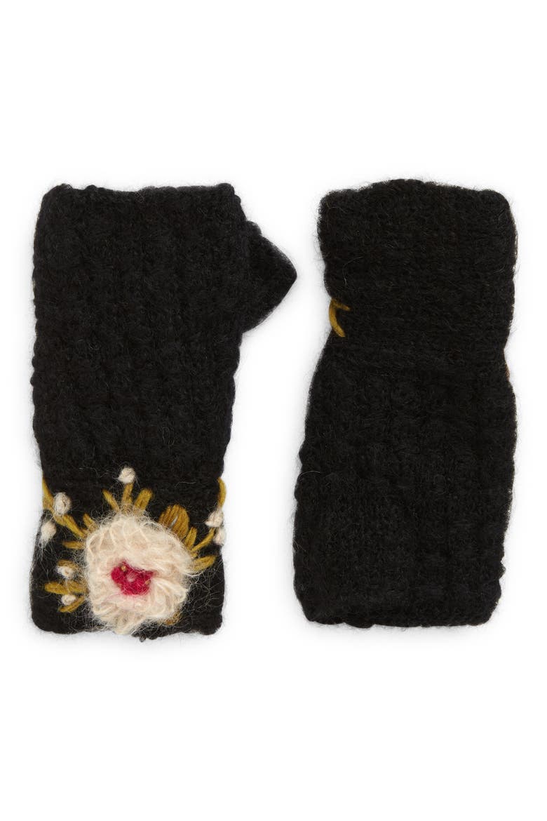 Mae Embroidered Fingerless Mohair & Wool Gloves, Main, color, BLACK
