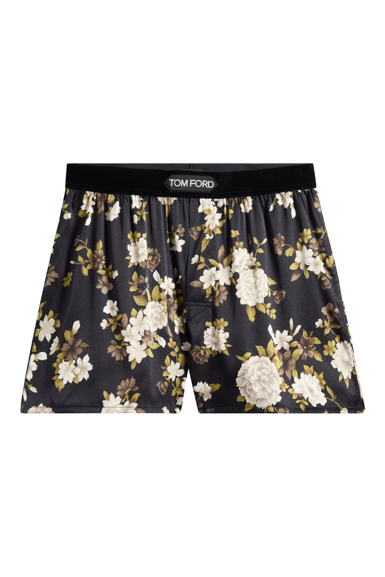 Floral Print Stretch Silk Boxers, Alternate, color, BLACK/ IVORY
