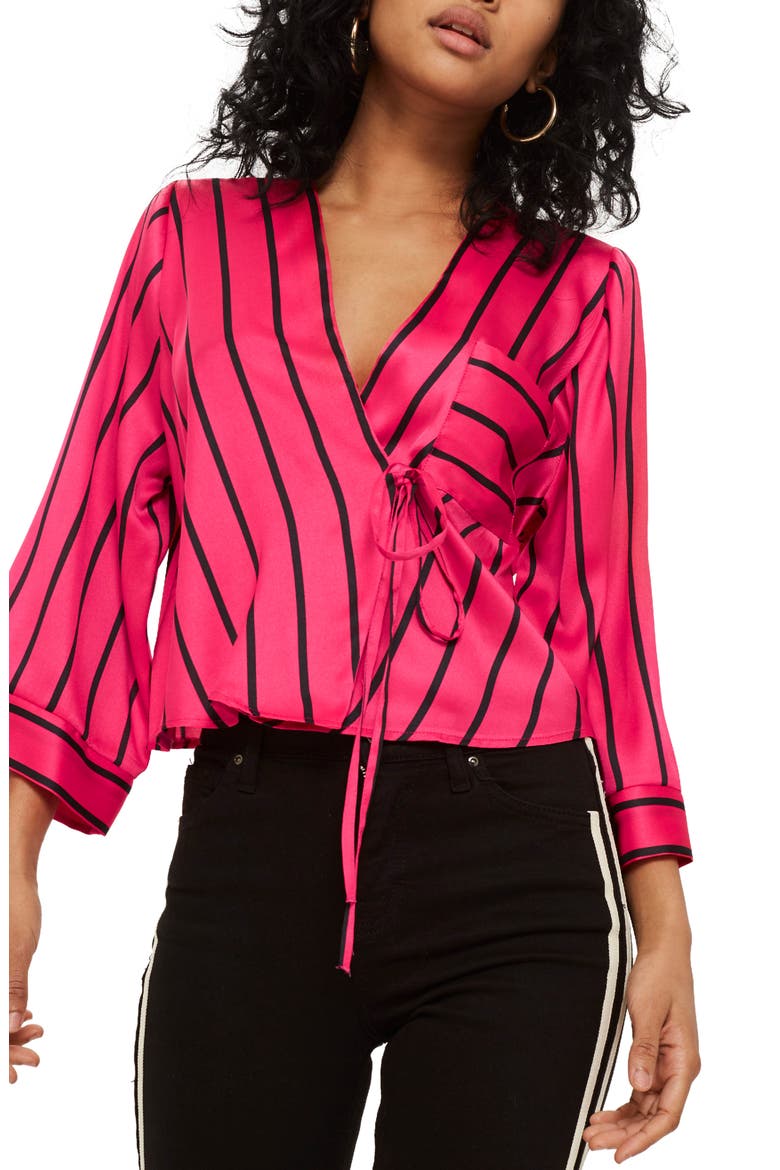Stripe Tie Wrap Surplice Top, Main, color, PINK MULTI