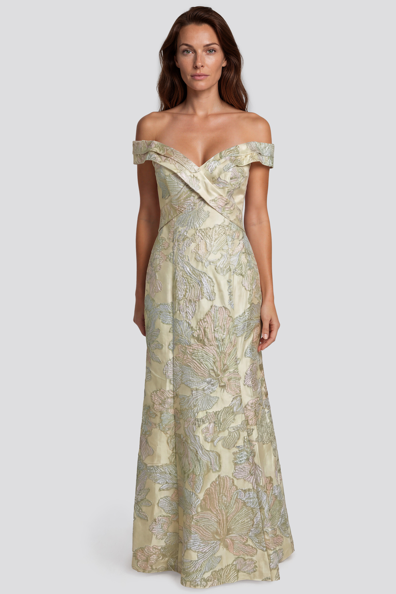 Off The Shoulder Floral Jacquard Gown, Main, color, Sage