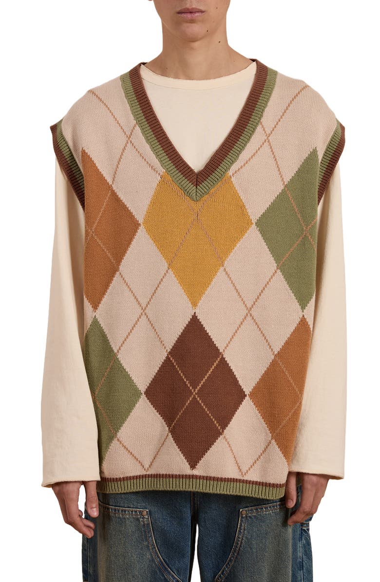 FOUND Oversize Argyle Cotton V-Neck Sweater Vest, Main, color, 