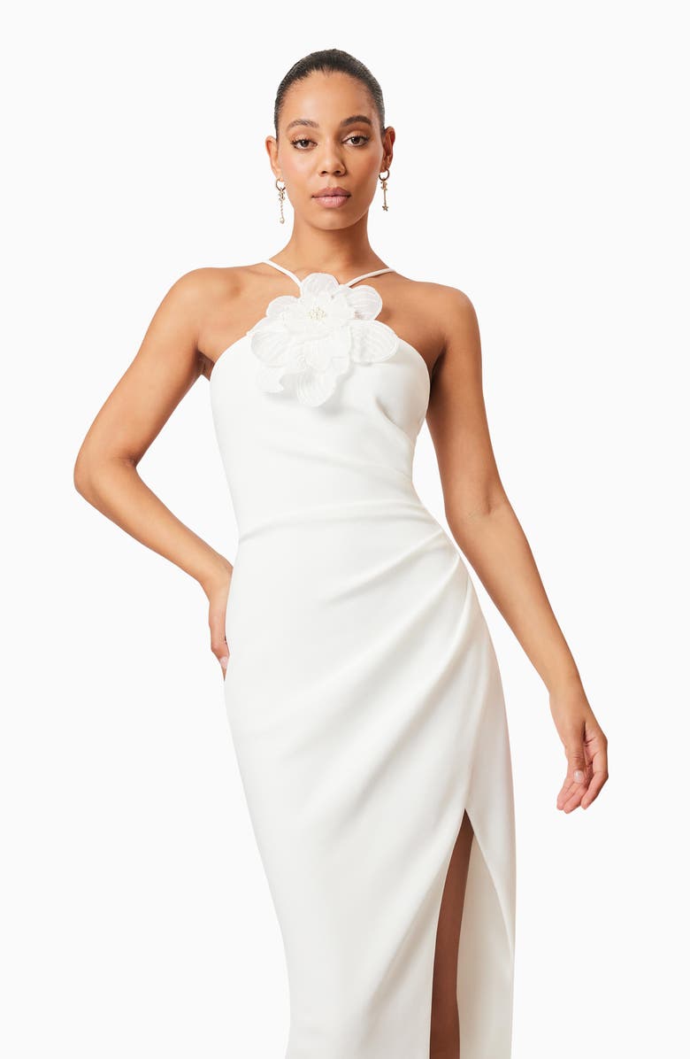 Elliatt Janelle Floral Appliqué Halter Neck Cocktail Midi Dress, Alternate, color, Ivory