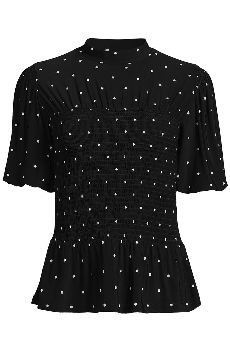 Lands' End Bubble Sleeve Silky Knit Smocked Mock Neck Top, Alternate, color, Black/Ivory Dot