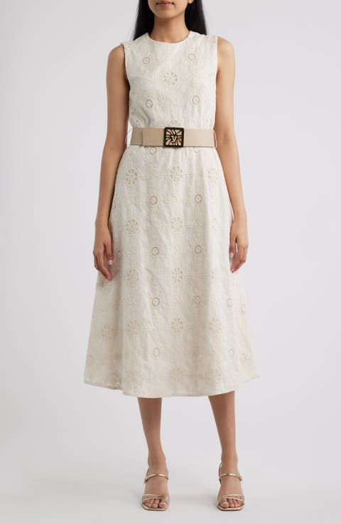 Embroidered Belted Sleeveless Midi Dress