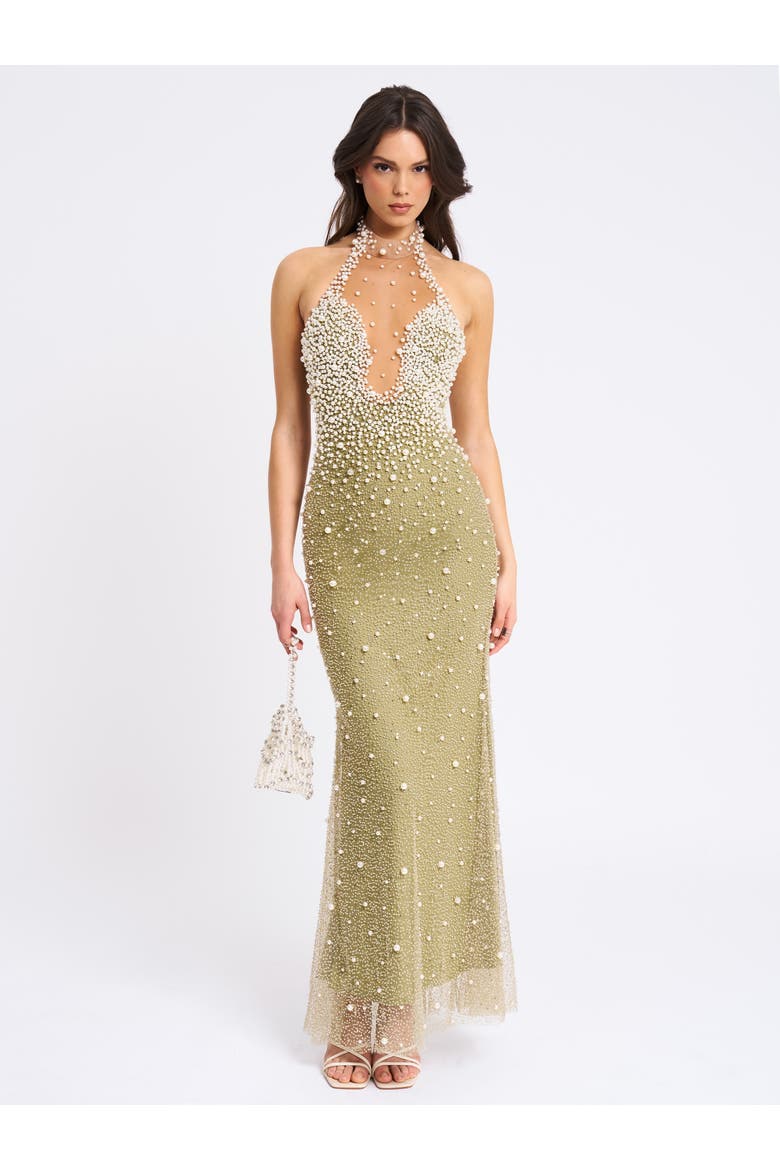 Ginny Pearl Embellished Backless Gown, Main, color, Pear Green