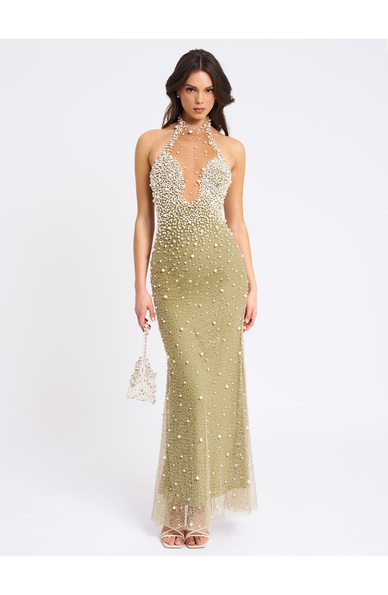 Miss Circle Ginny Pearl Embellished Backless Gown, Main, color, Pear Green