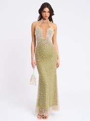 Miss Circle Ginny Pearl Embellished Backless Gown