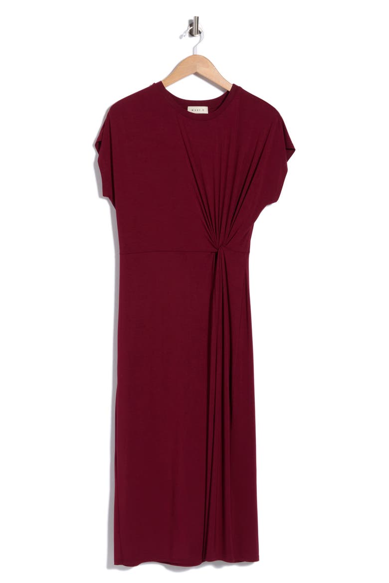 Front Knot Cap Sleeve Midi Dress, Alternate, color, WINE