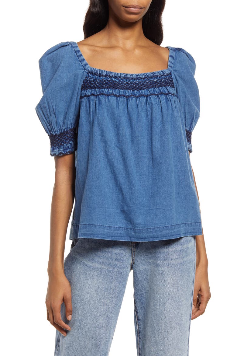 Presley Embroidered Detail Cotton Chambray Top, Main, color, DARK INDIGO WASH