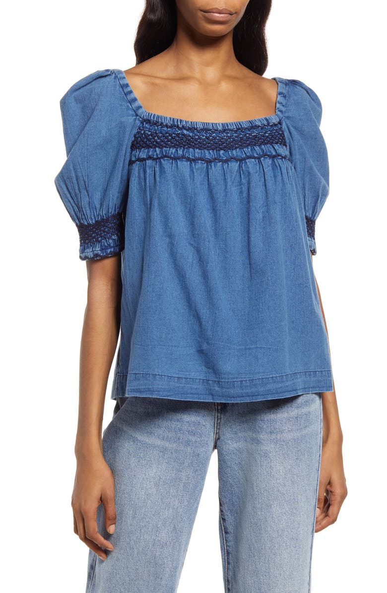 Faherty Presley Embroidered Detail Cotton Chambray Top, Main, color, 