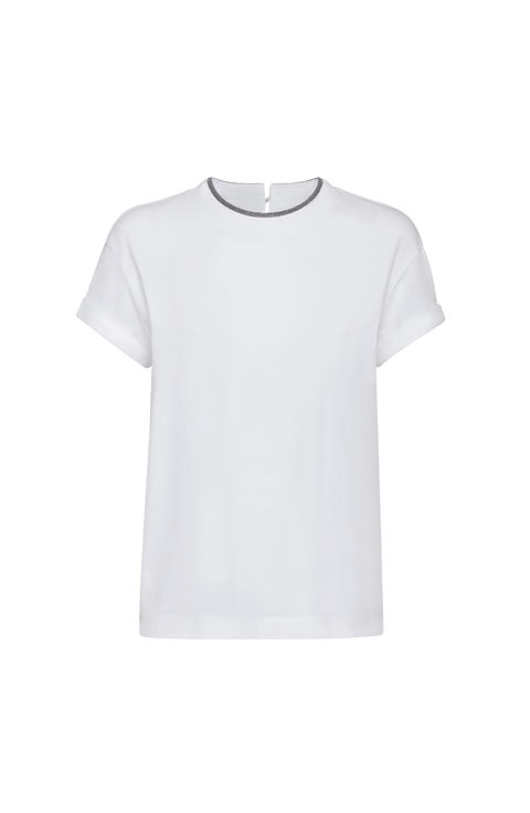 Tシャツ・カットソー BRUNELLO CUCINELLI Women Tops M0T81BI100C6159 WHITE T-shirt with monili for Woman in White | Brunello Cucinelli