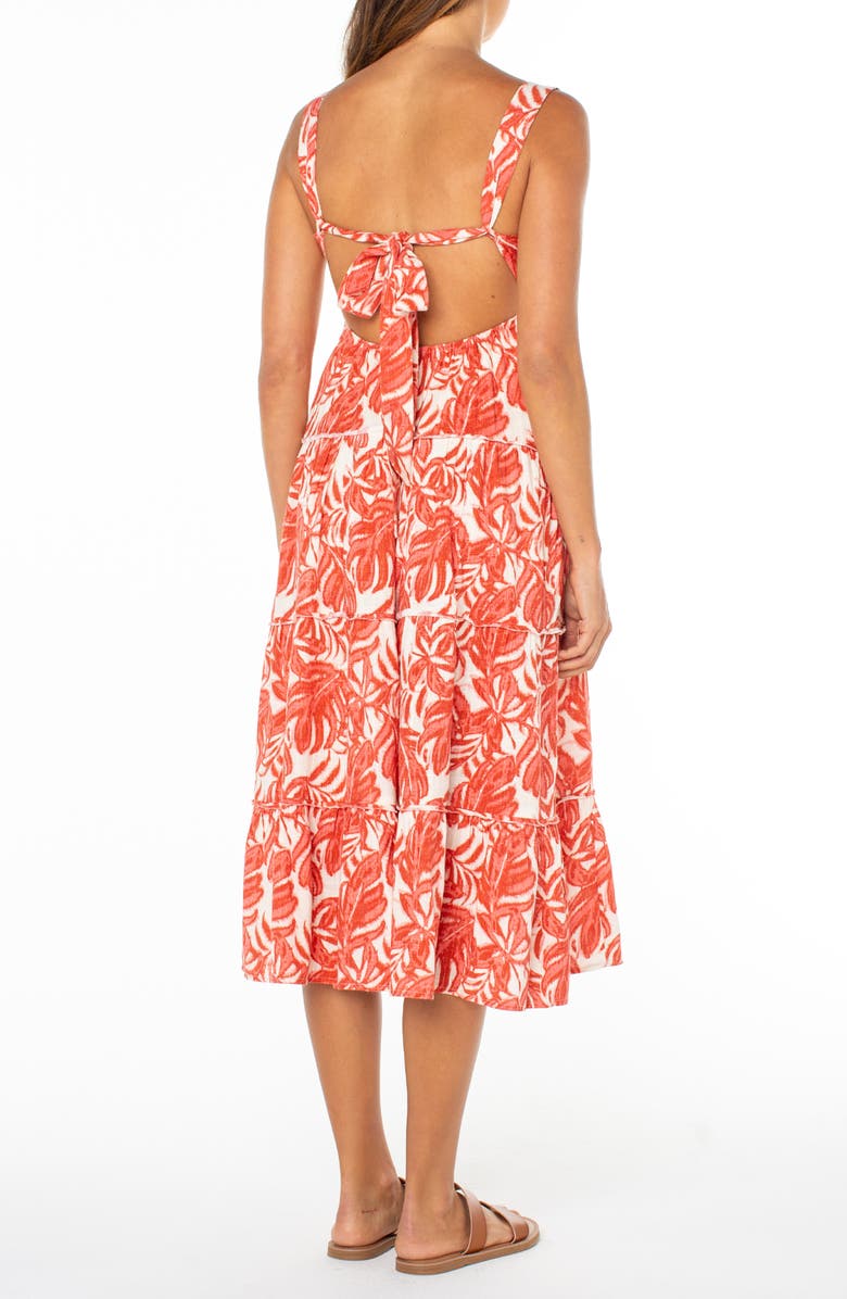Roxy Tula Monstera Print Tiered Open Back Midi Dress, Alternate, color, Lantana
